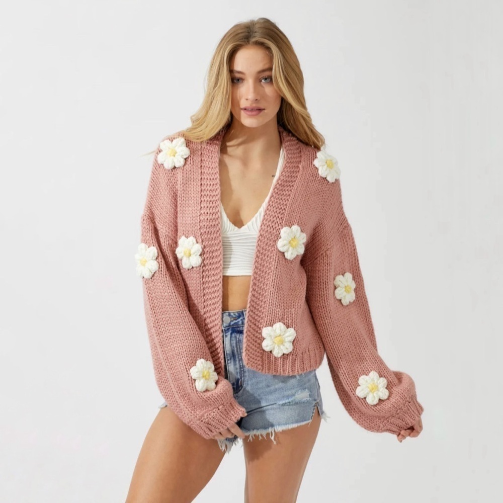 Baevely Daisy Cardigan Open Front Bubble Sleeve Floral Sweater Dusty Mauve Small